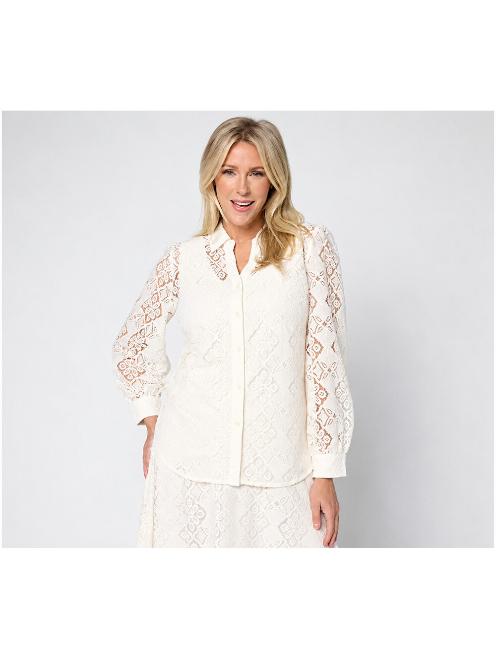 BEAUTIFUL by Lawrence Zarian Lace Split Neck Button Front Blouse Sea Salt, Large